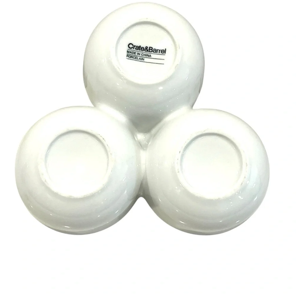 Crate & Barrel 3 Bowl Condiment Server White Porcelain Relish Tray w Handle